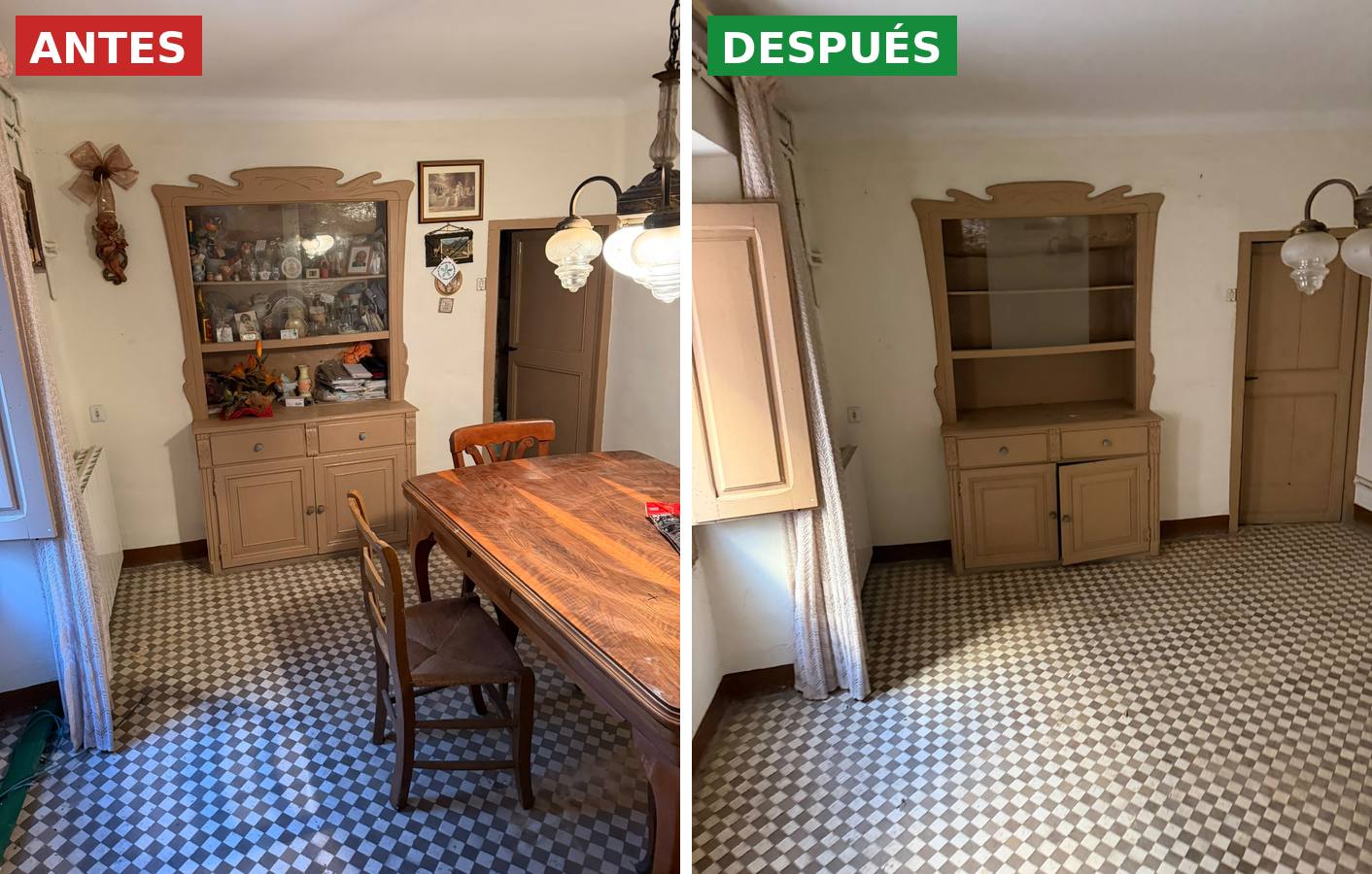 Vaciado de un comedor antes y después
